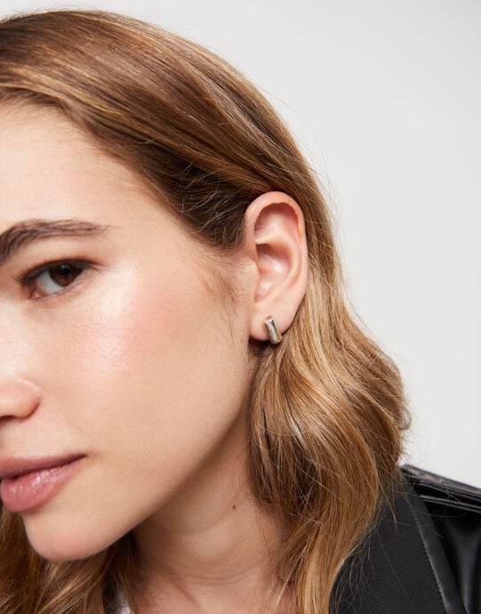 Tubular shape stud earrings, Silver, large